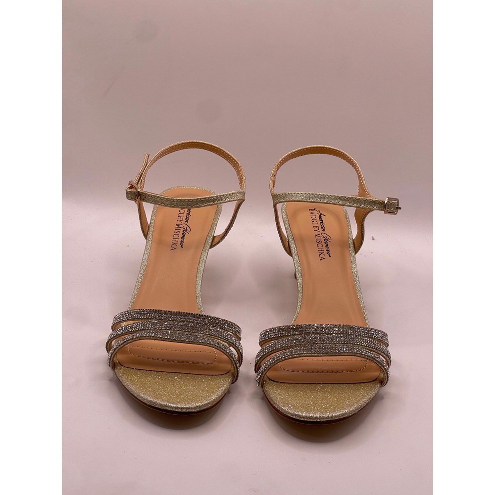 American Glamour Badgley Mischka Kan Light Gold Glitter Rhinestone Sandals 8M